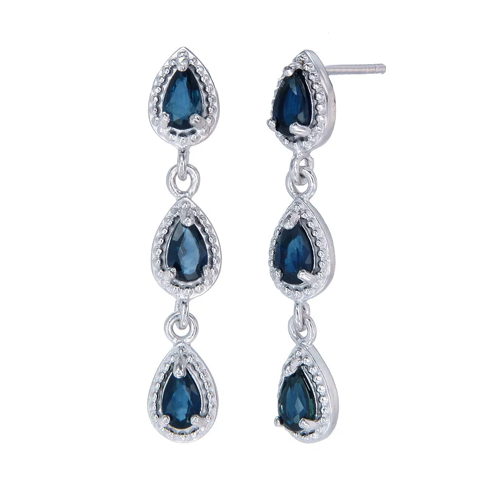 0.85 cttw Blue Sapphire Earrings in .925 Sterling Silver with Rhodium Pear Shape