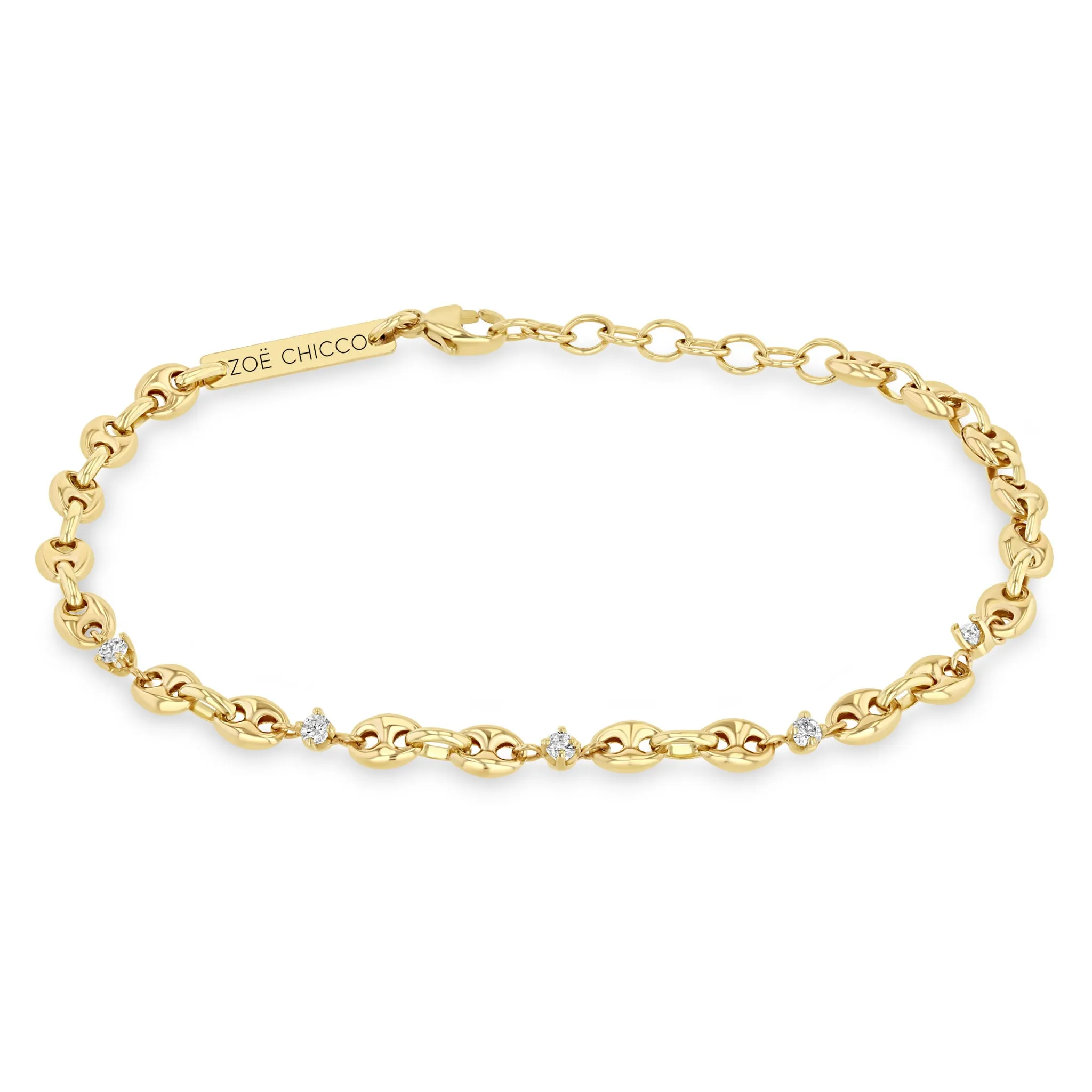 14k 5 Prong Diamond Small Puffed Mariner Chain Bracelet