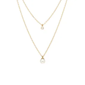 14k Diamond Bezel & Dangling Pearl Layered Necklace