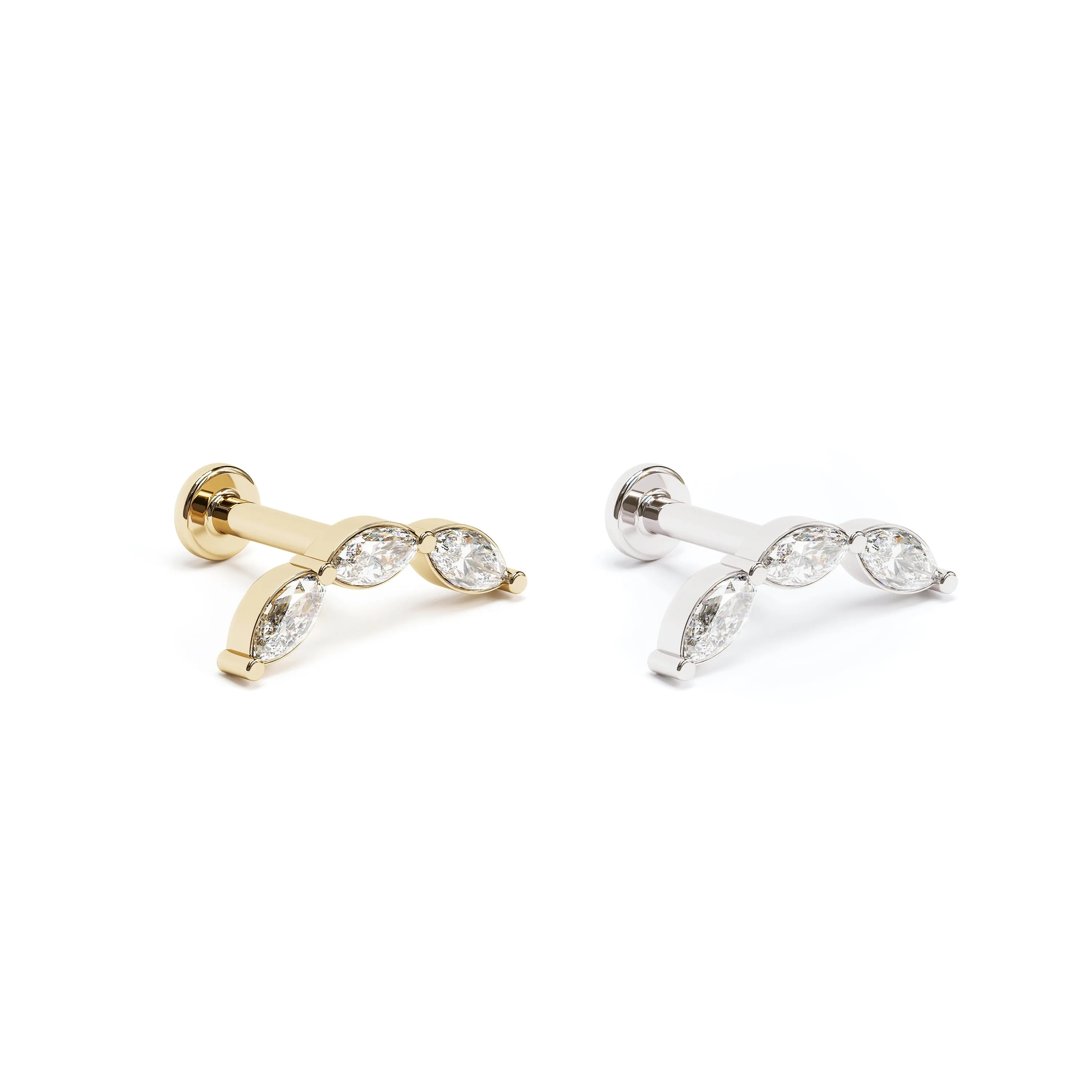 14K Gold Trio Marquise Diamond Curved Stud