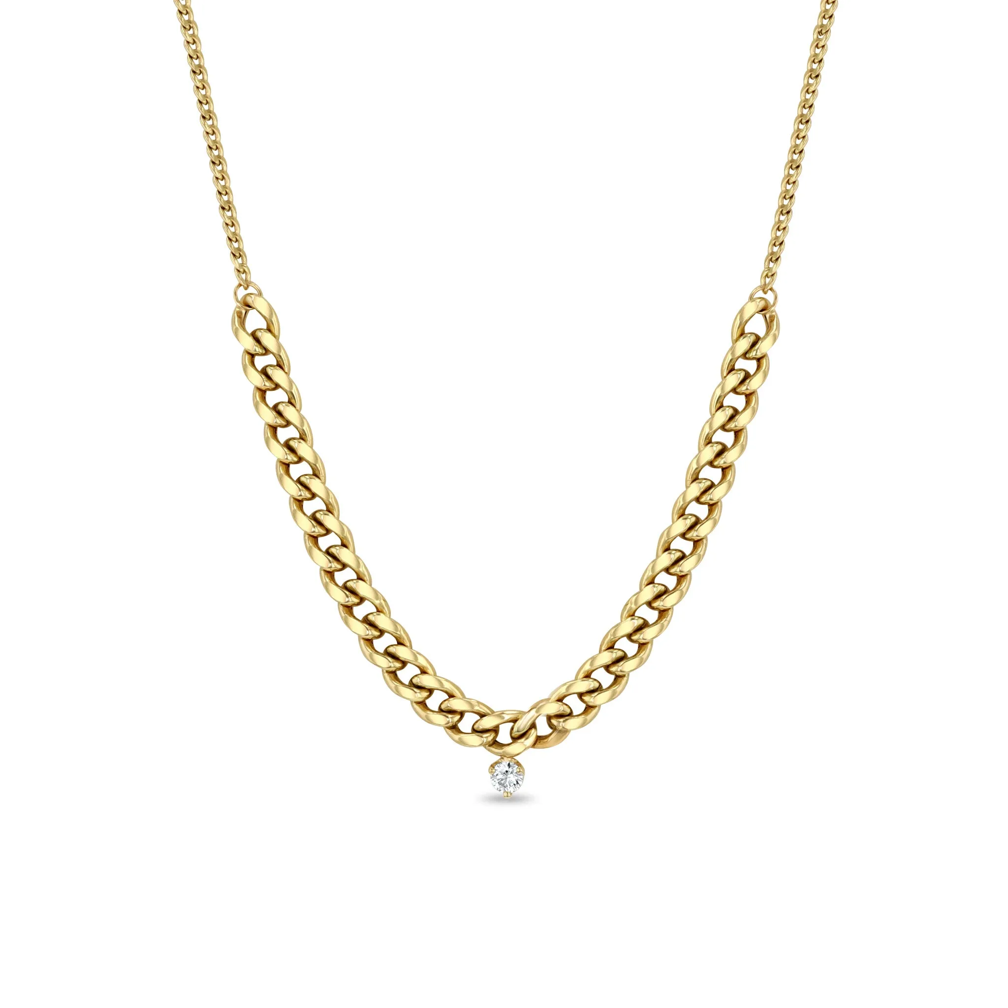 14k Mixed XS & Medium Curb Chain Station Necklace with Dangling Prong Diamond