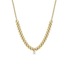 14k Mixed XS & Medium Curb Chain Station Necklace with Dangling Prong Diamond