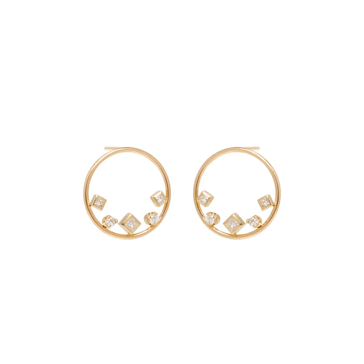 14k Nested Princess & Round Diamonds Circle Studs - SALE