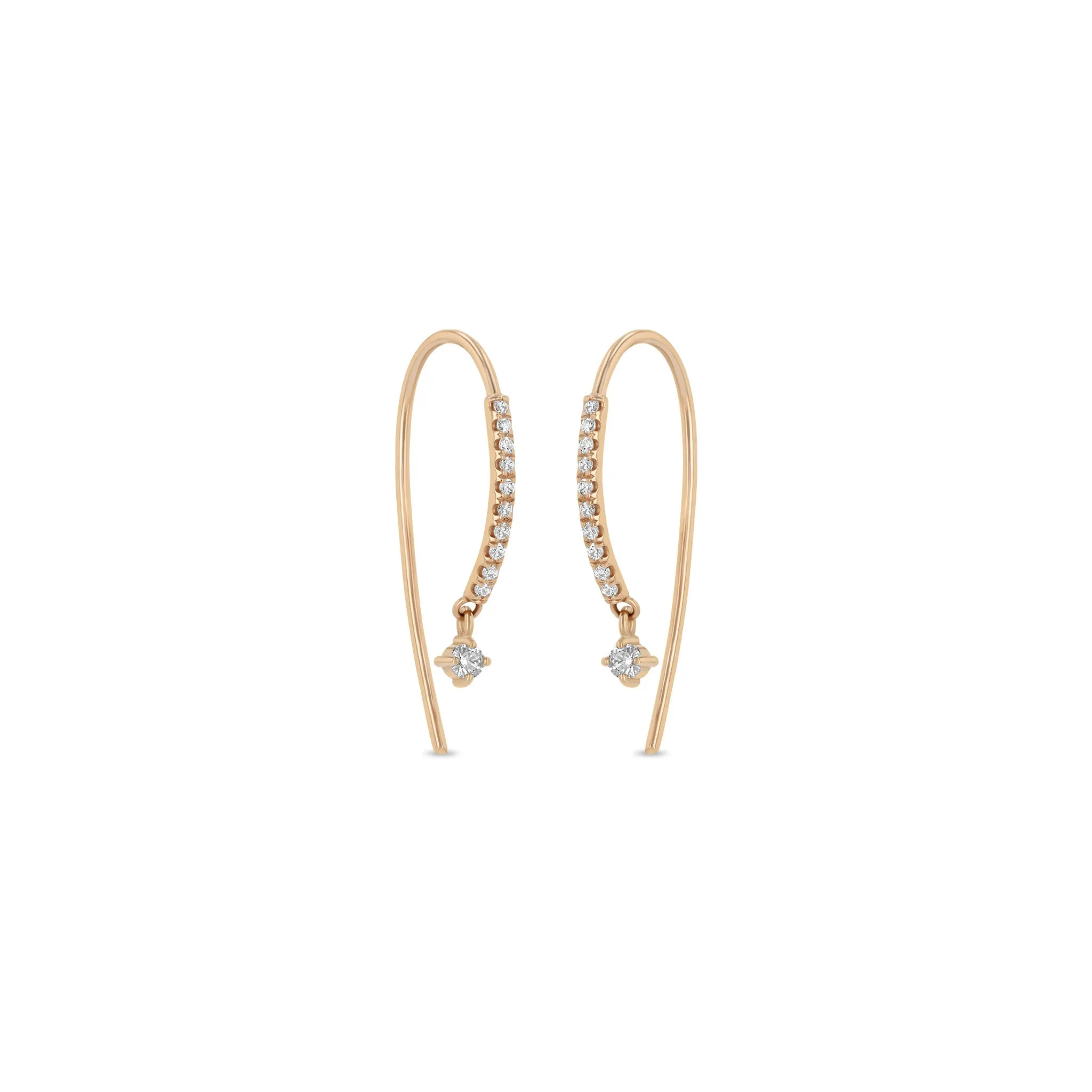 14k Pavé Diamond Bar Short Threaders with Dangling Diamond