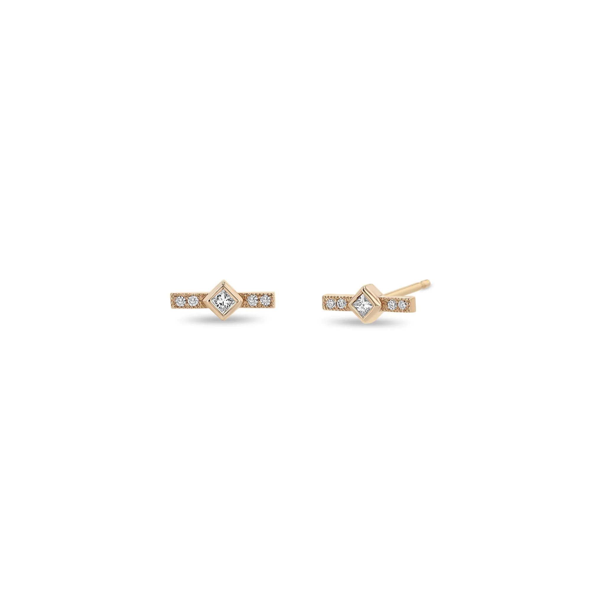 14k Princess Diamond & Diamond Bar Studs