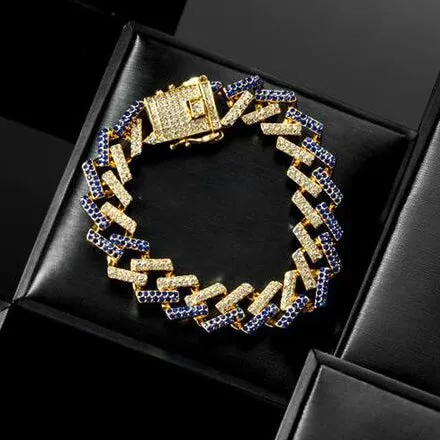 15mm Gold Blue Rhinestone Cuban Link Bracelet