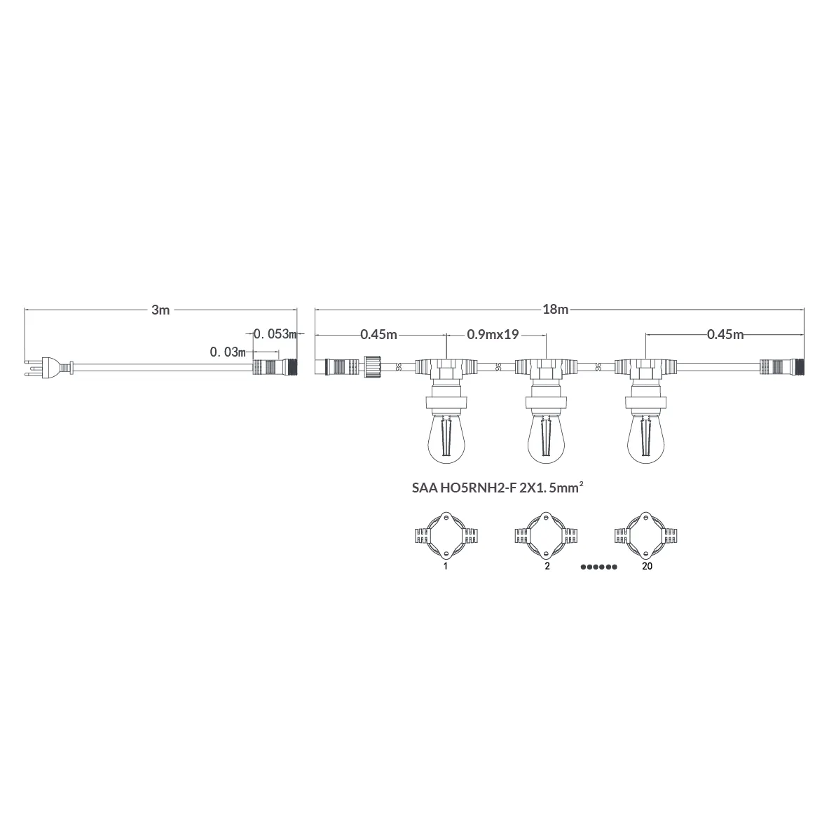 18M Festoon String Lights at 90 cm intervals with 20 Bulbs