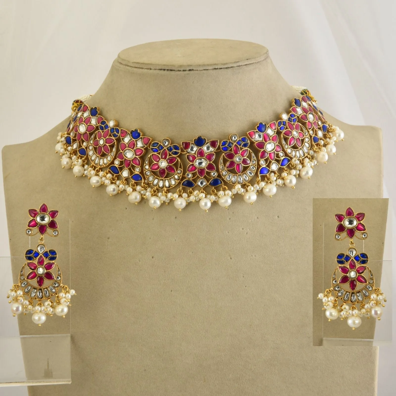 21A126 Gold Plated Pink and Blue Stone Necklace Set with Pearls