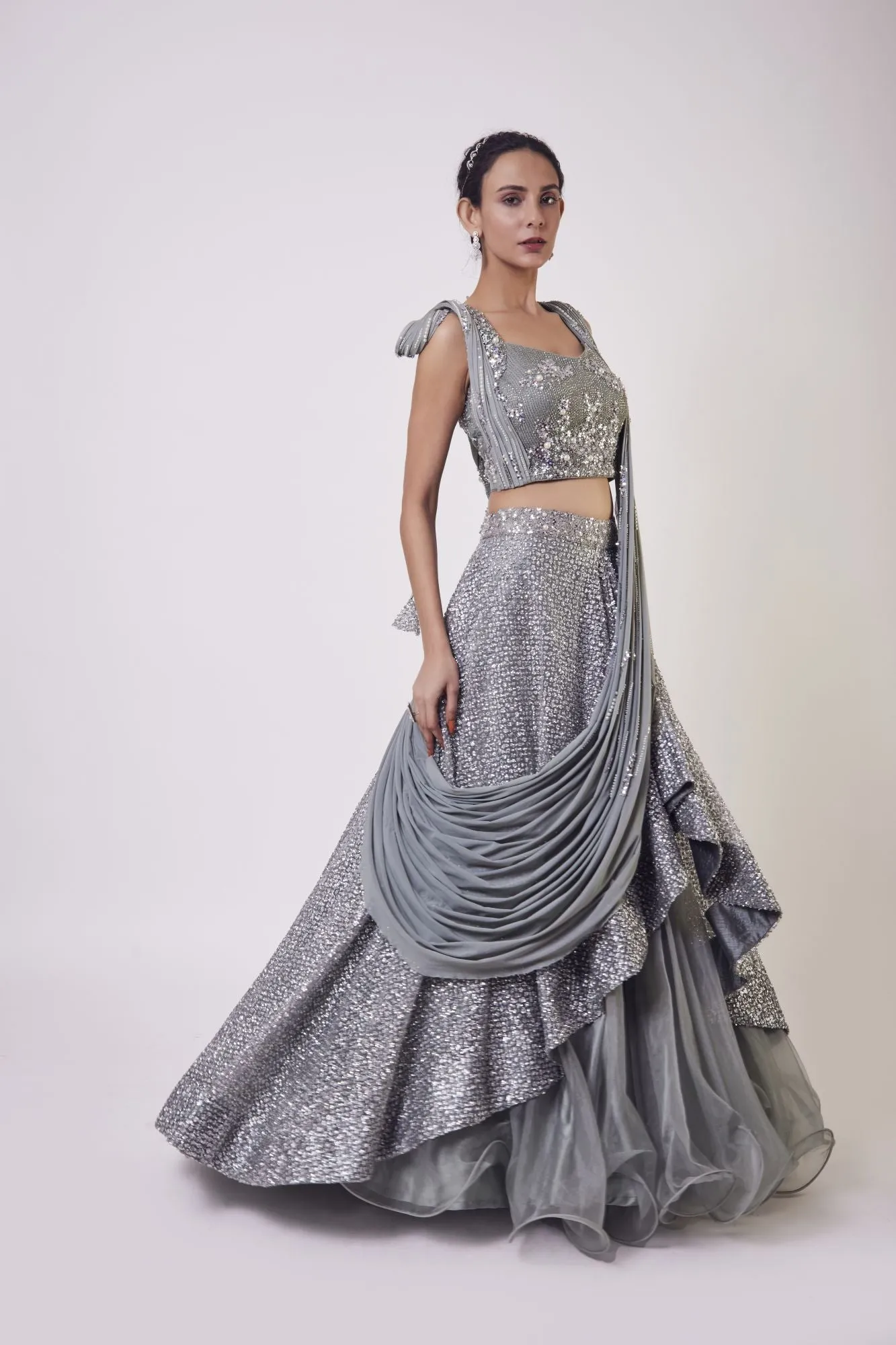 30Z347-RO Dusky Blue Satin and Organza Contemporary Lehenga