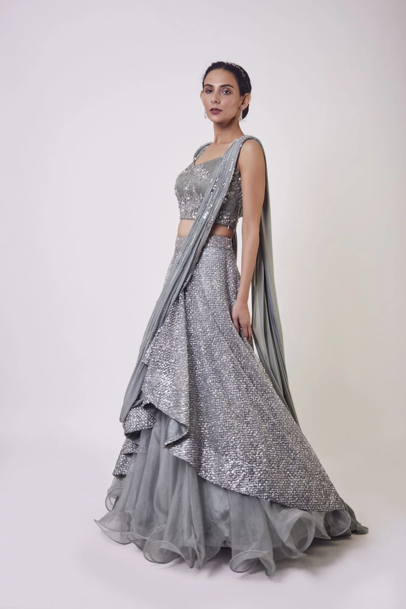 30Z347-RO Dusky Blue Satin and Organza Contemporary Lehenga