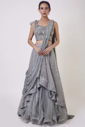 30Z347-RO Dusky Blue Satin and Organza Contemporary Lehenga