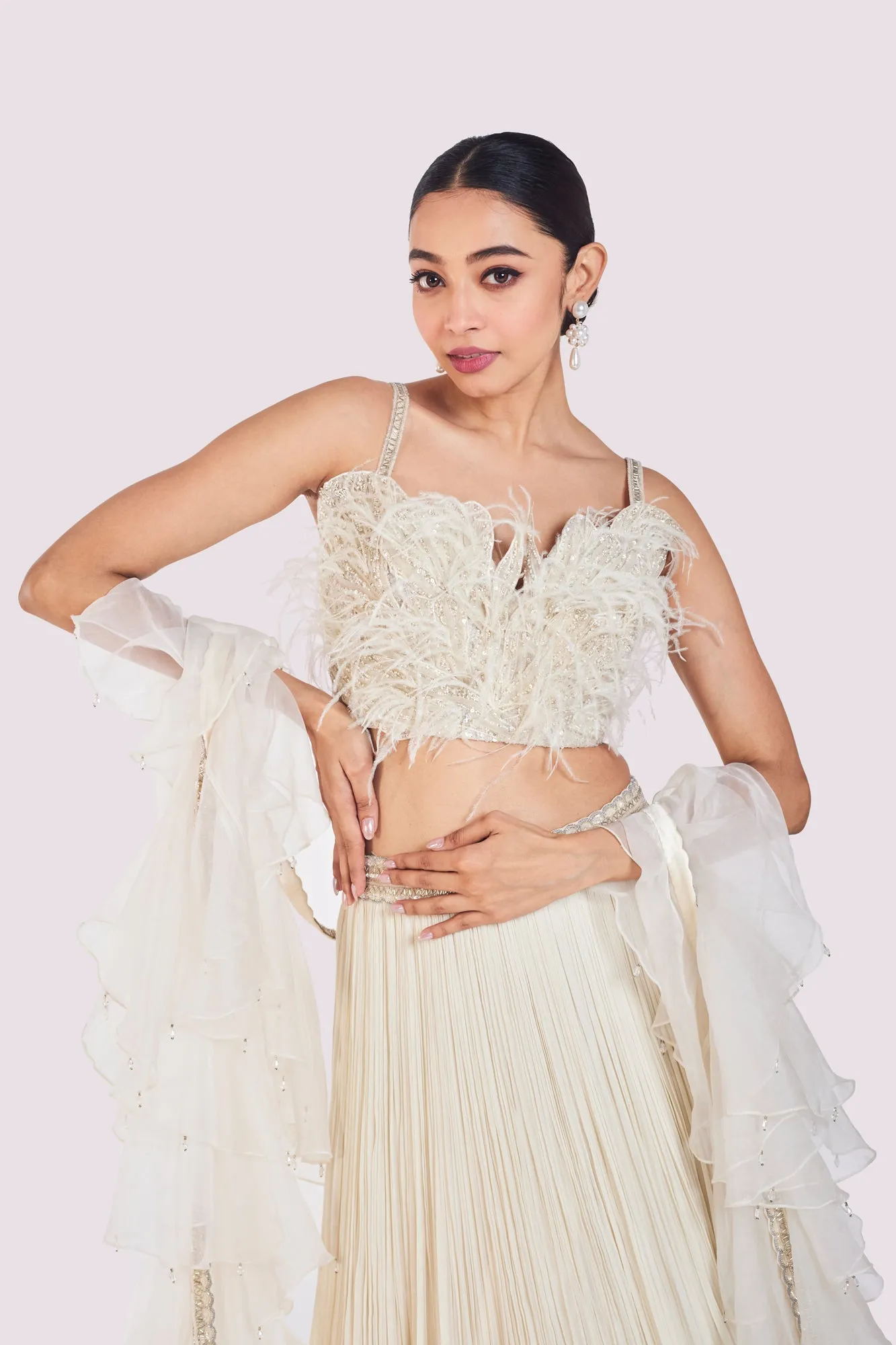 30Z382-RO Ivory Embroidered Designer Net Lehenga with Dupatta