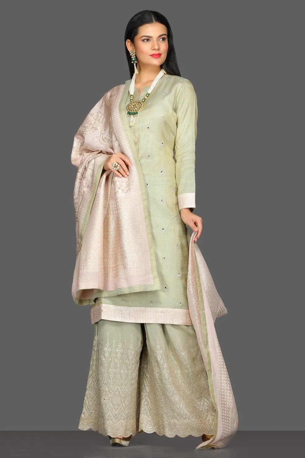 50Z101-RO Pastel Green Embroidered Palazzo Suit with Dupatta