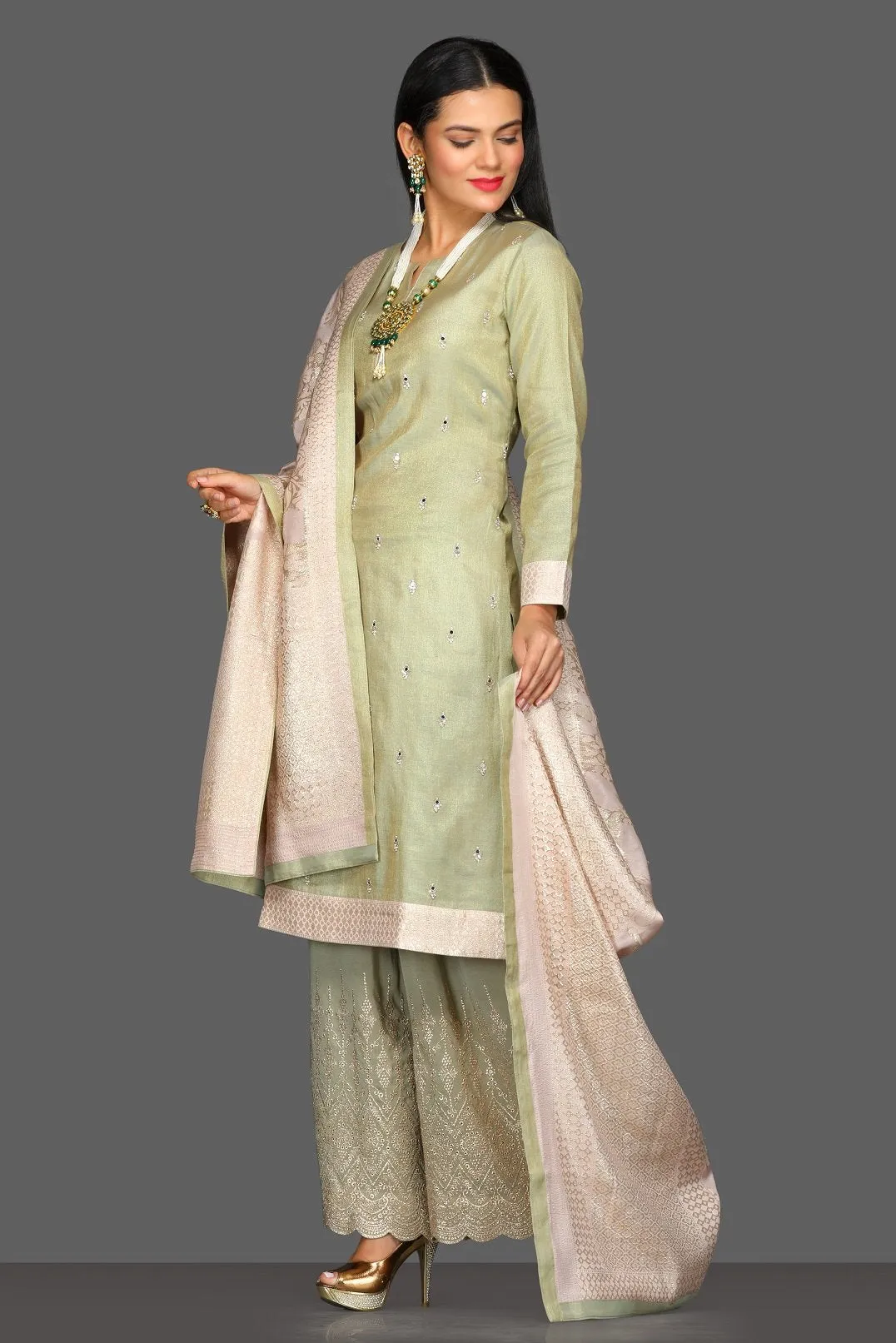 50Z101-RO Pastel Green Embroidered Palazzo Suit with Dupatta