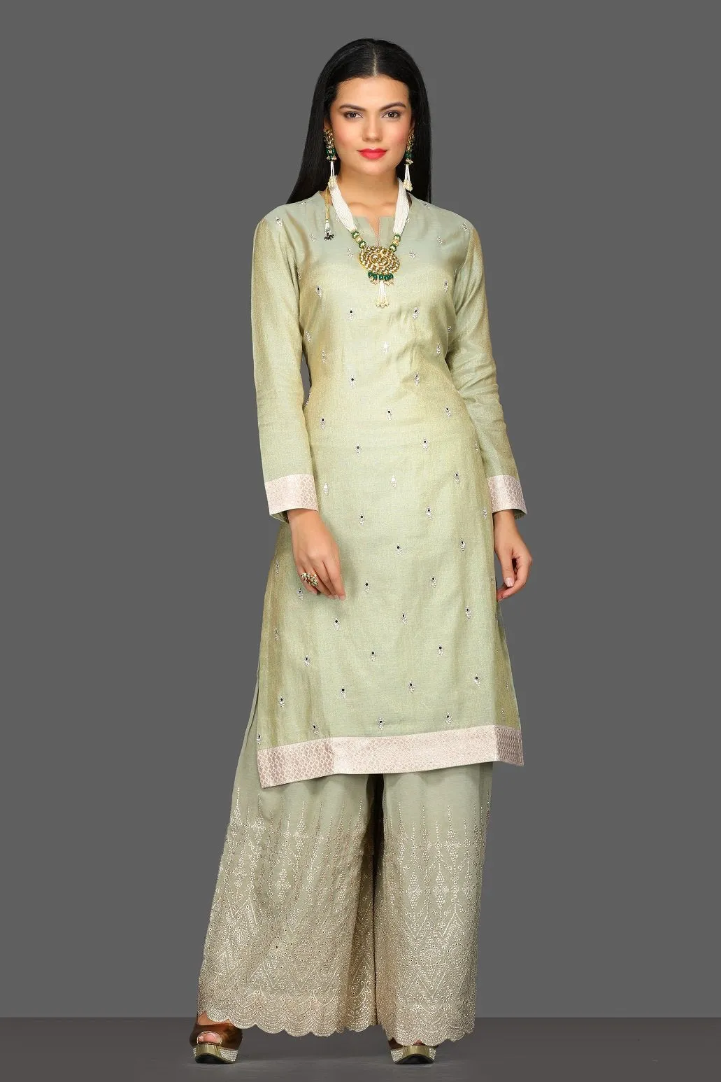 50Z101-RO Pastel Green Embroidered Palazzo Suit with Dupatta