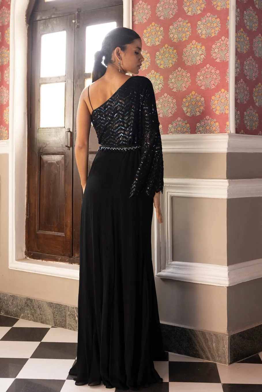 50Z635-RO Black Sequined One Sided Shoulder Designer Gown