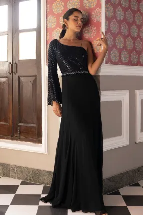 50Z635-RO Black Sequined One Sided Shoulder Designer Gown