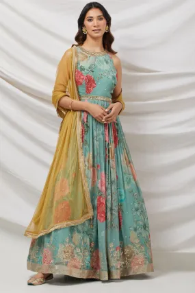 50Z887-RO Blue Floral Printed Anarkali Set With Yellow Net Dupatta