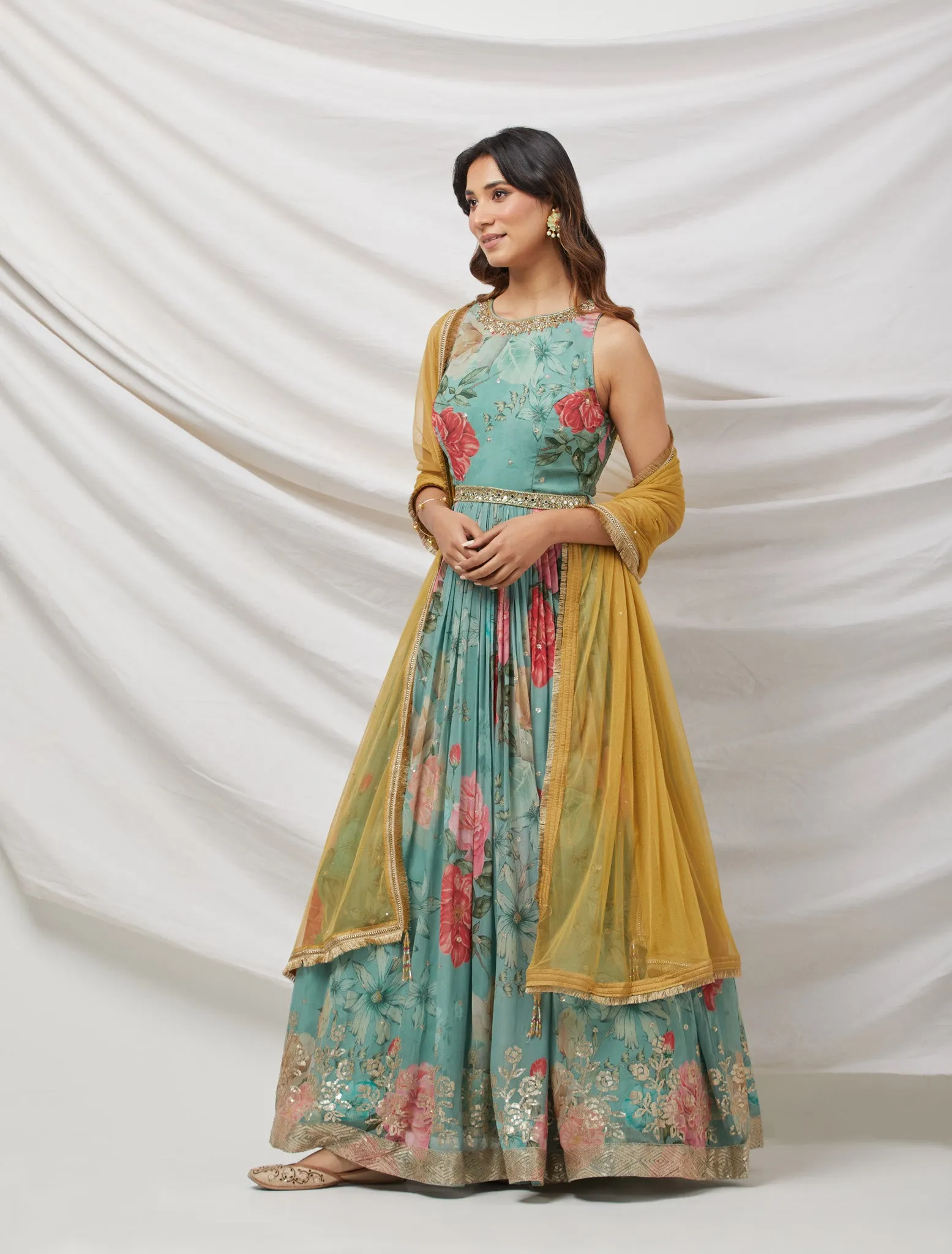 50Z887-RO Blue Floral Printed Anarkali Set With Yellow Net Dupatta