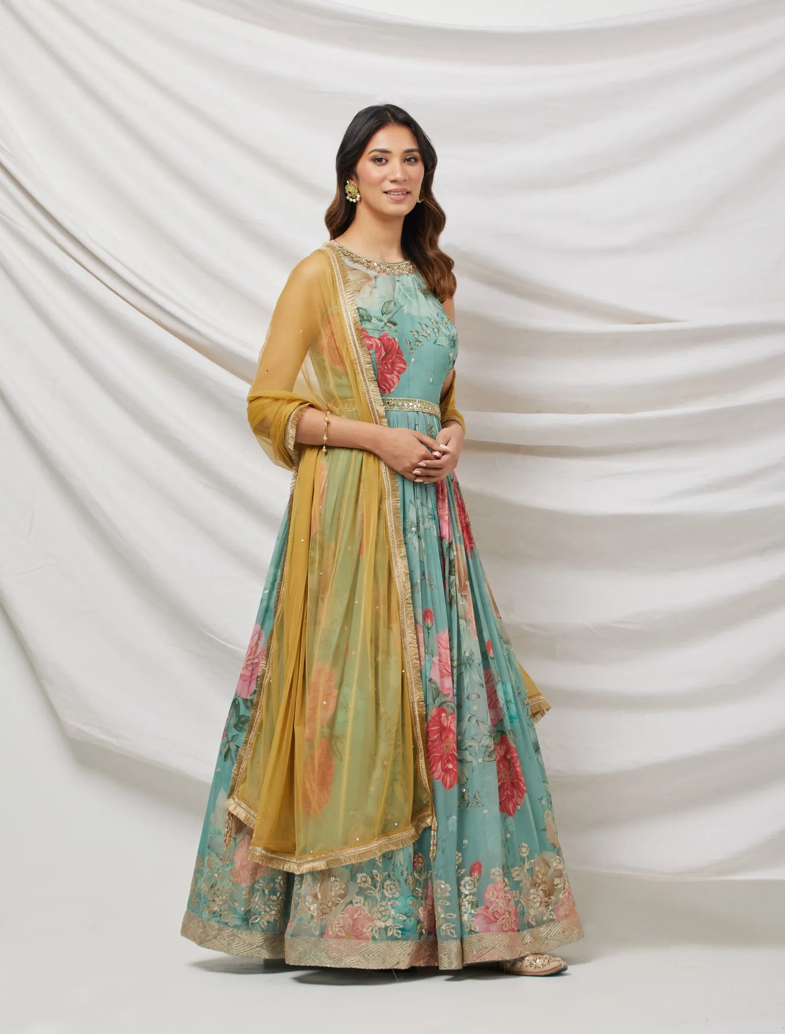 50Z887-RO Blue Floral Printed Anarkali Set With Yellow Net Dupatta