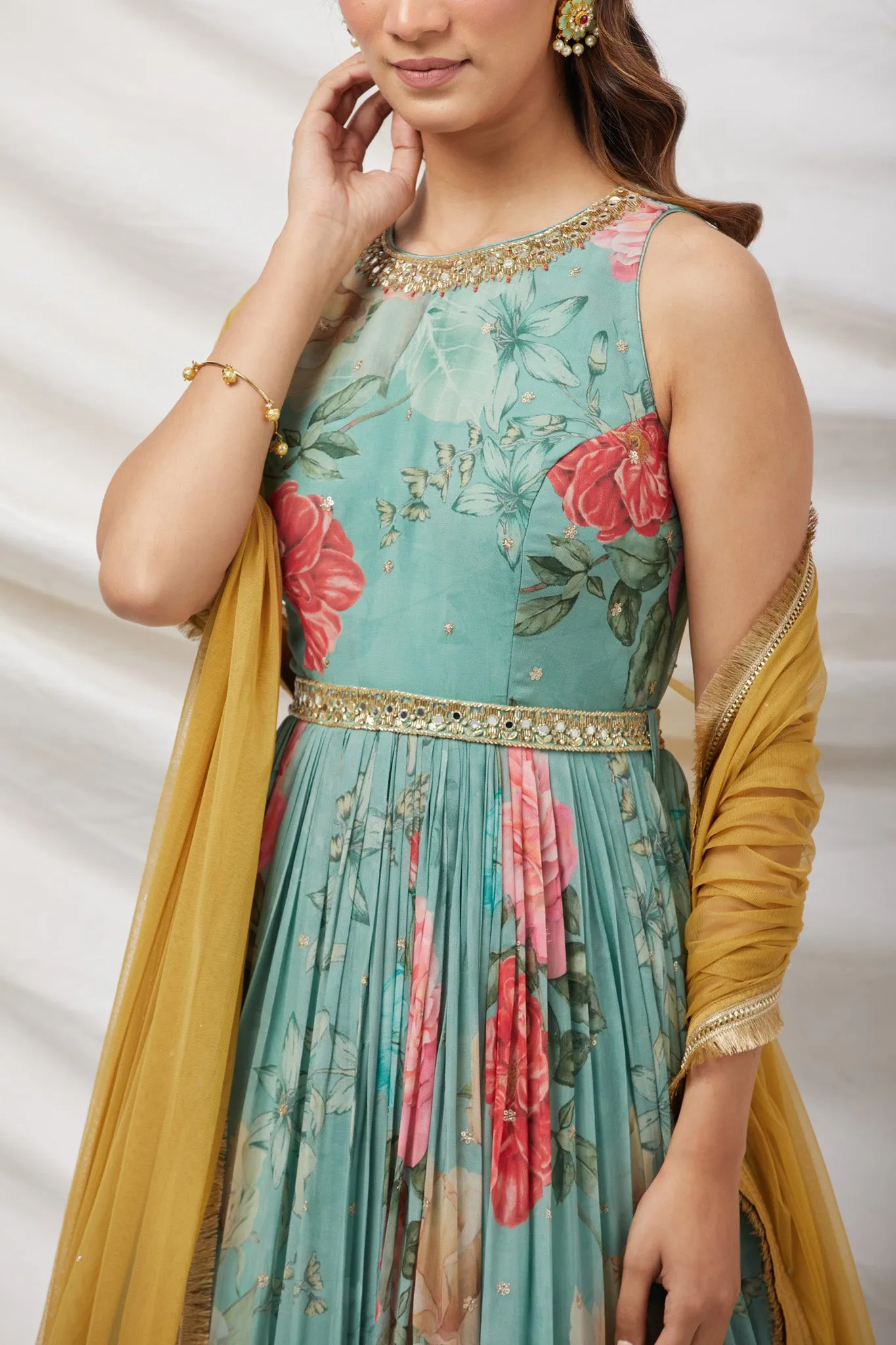 50Z887-RO Blue Floral Printed Anarkali Set With Yellow Net Dupatta