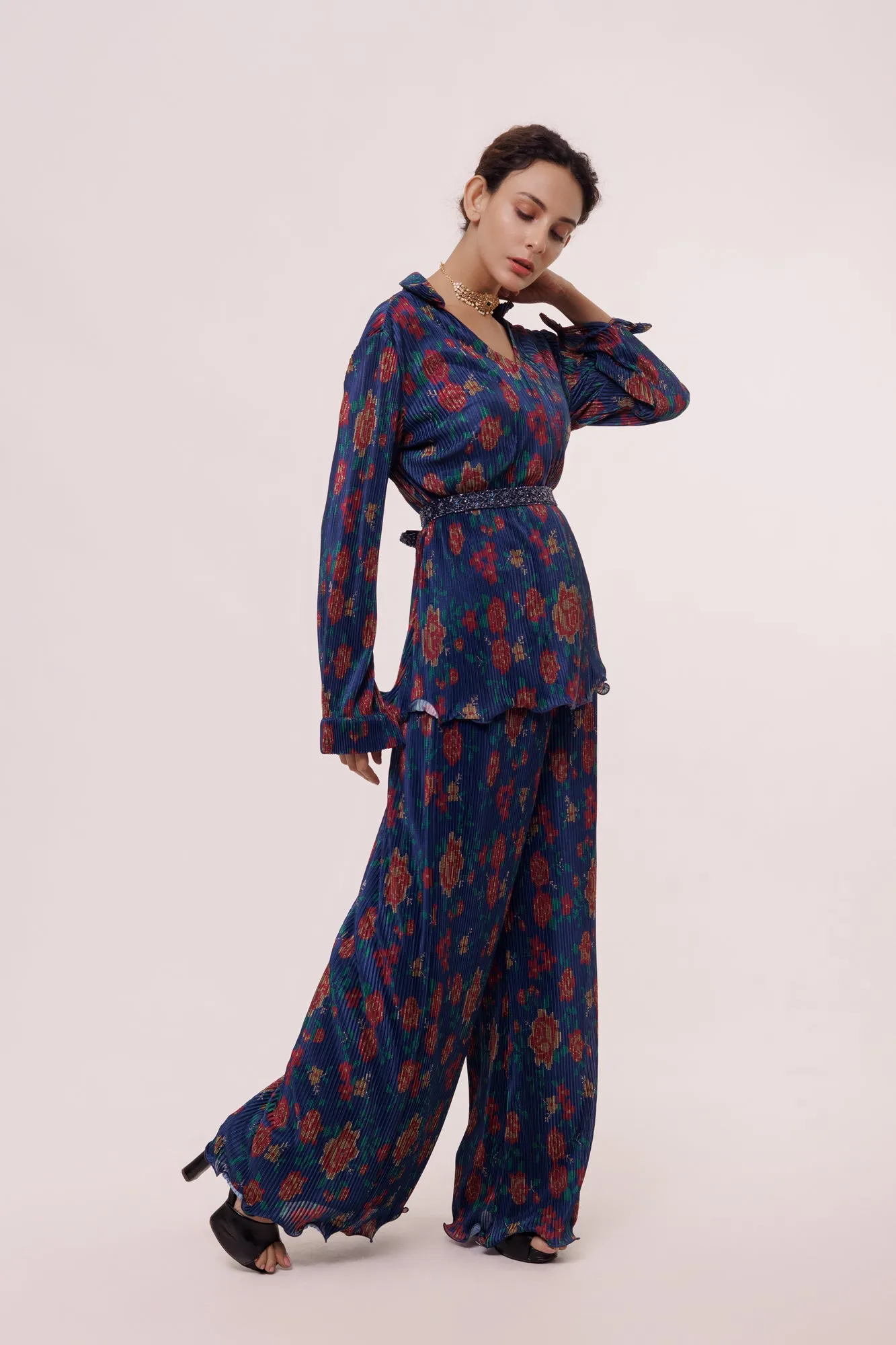 50Z952-RO Navy Blue Printed Palazzo Set