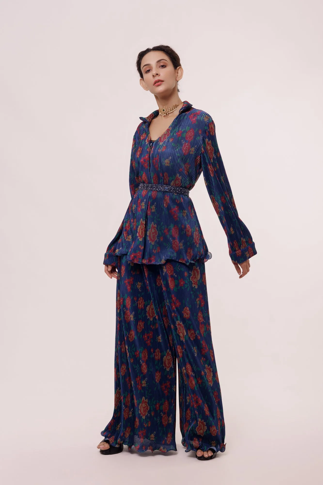 50Z952-RO Navy Blue Printed Palazzo Set