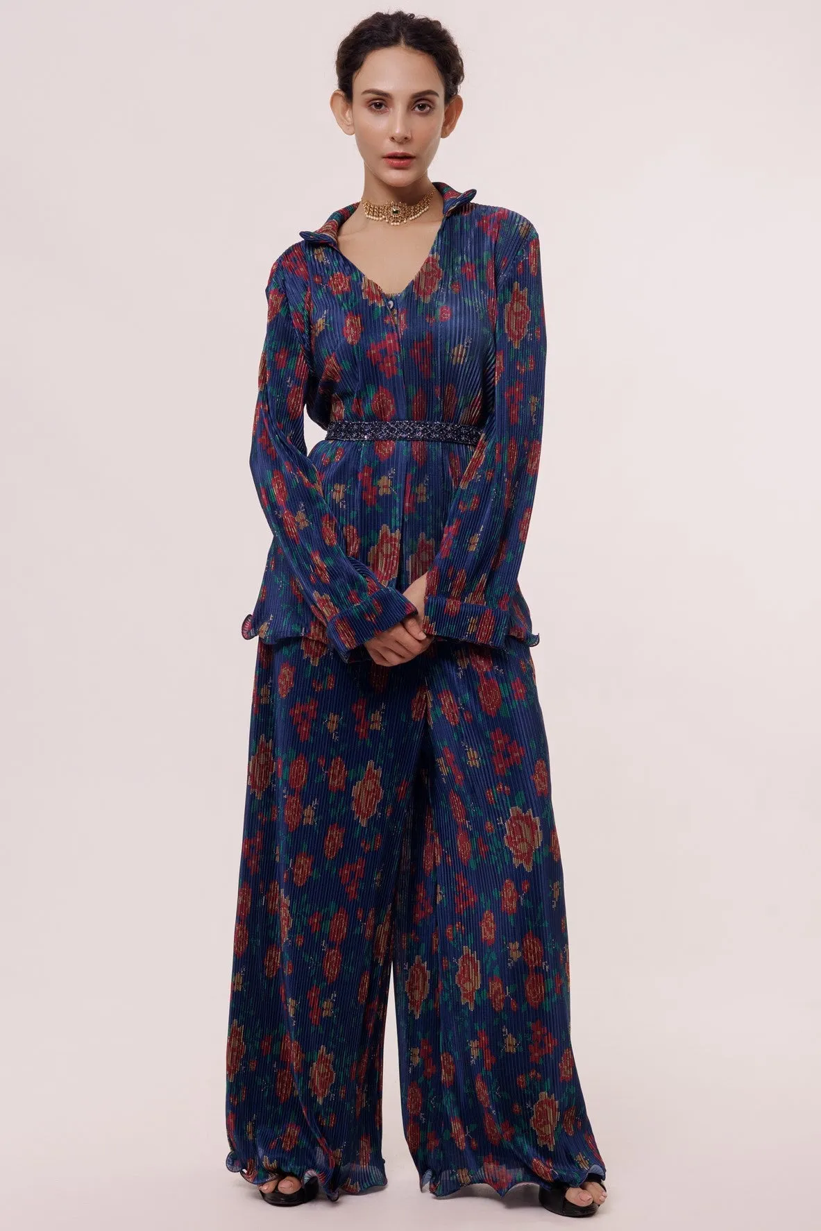 50Z952-RO Navy Blue Printed Palazzo Set