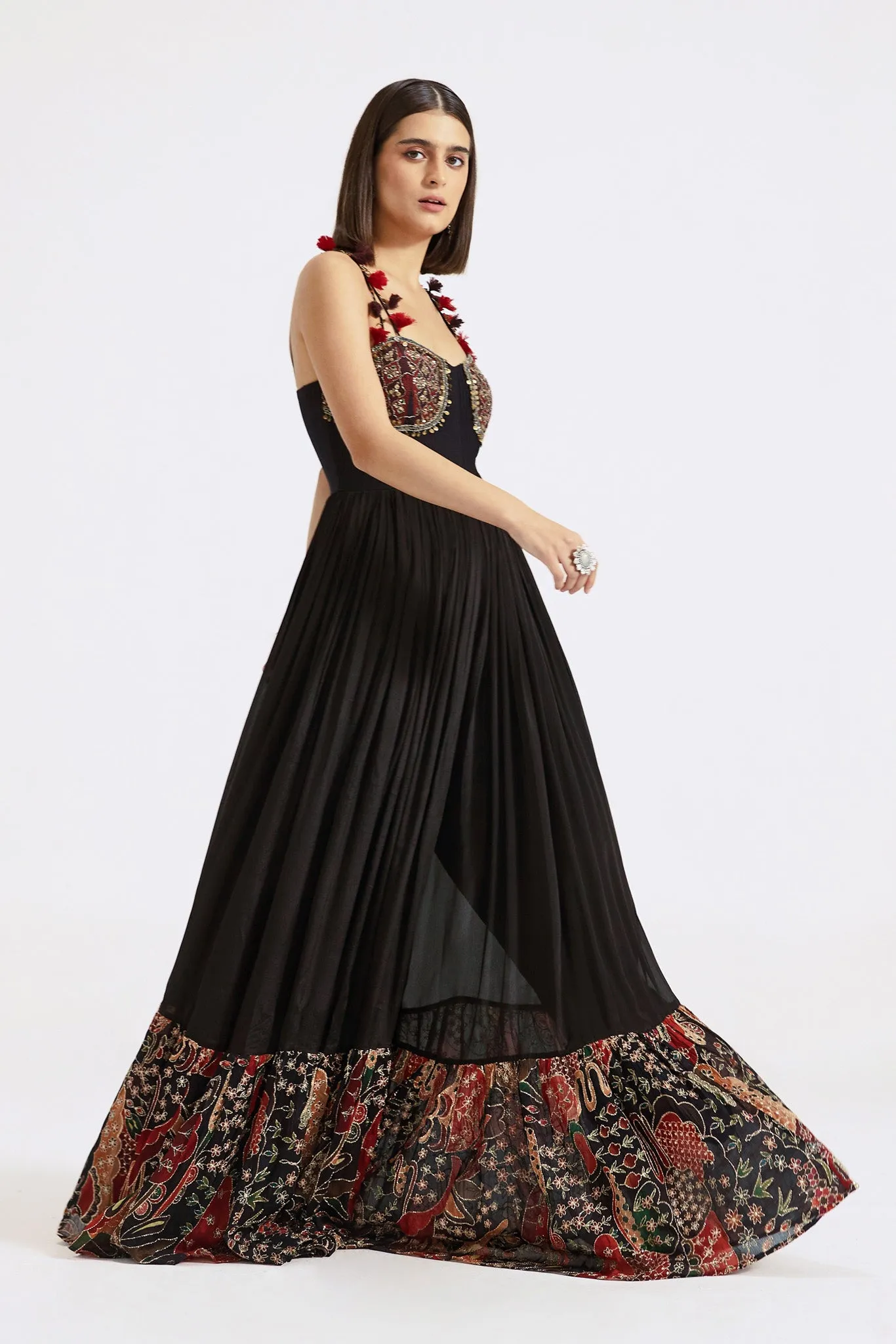 51Z014-RO Black Chinnon Embroidered Cocktail Gown