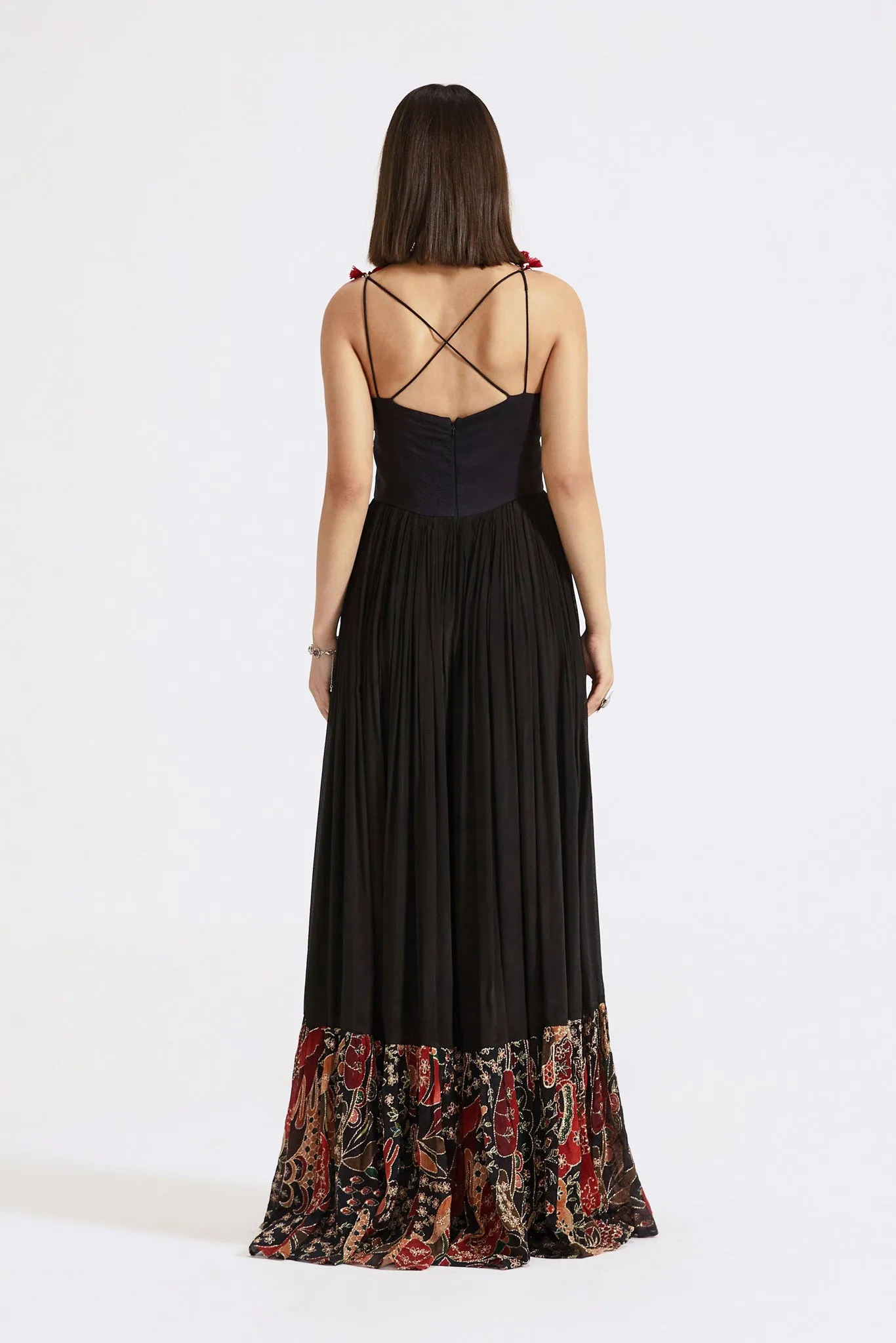 51Z014-RO Black Chinnon Embroidered Cocktail Gown