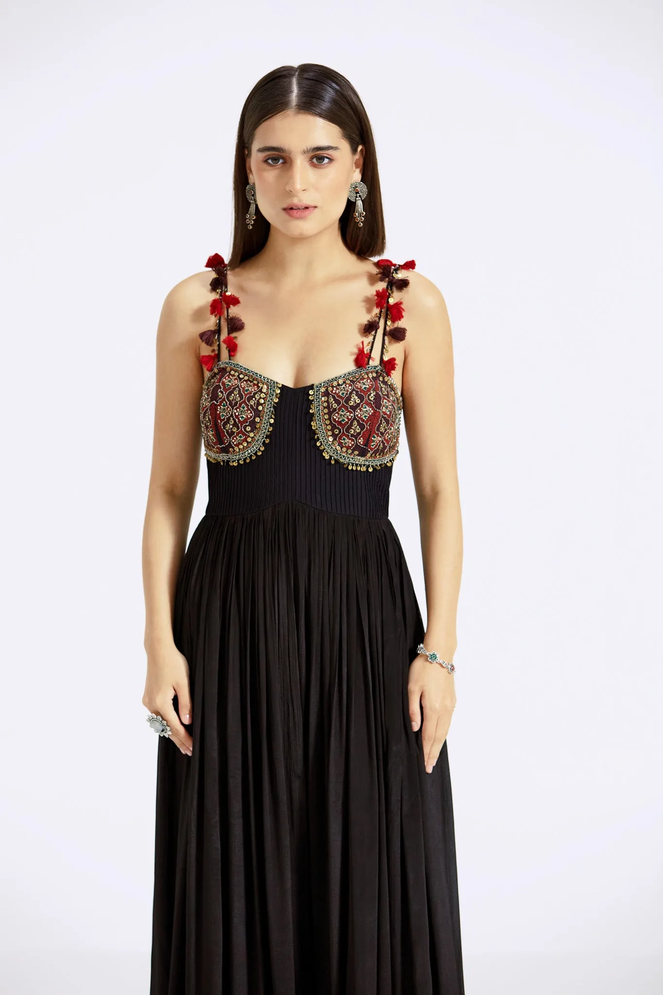 51Z014-RO Black Chinnon Embroidered Cocktail Gown