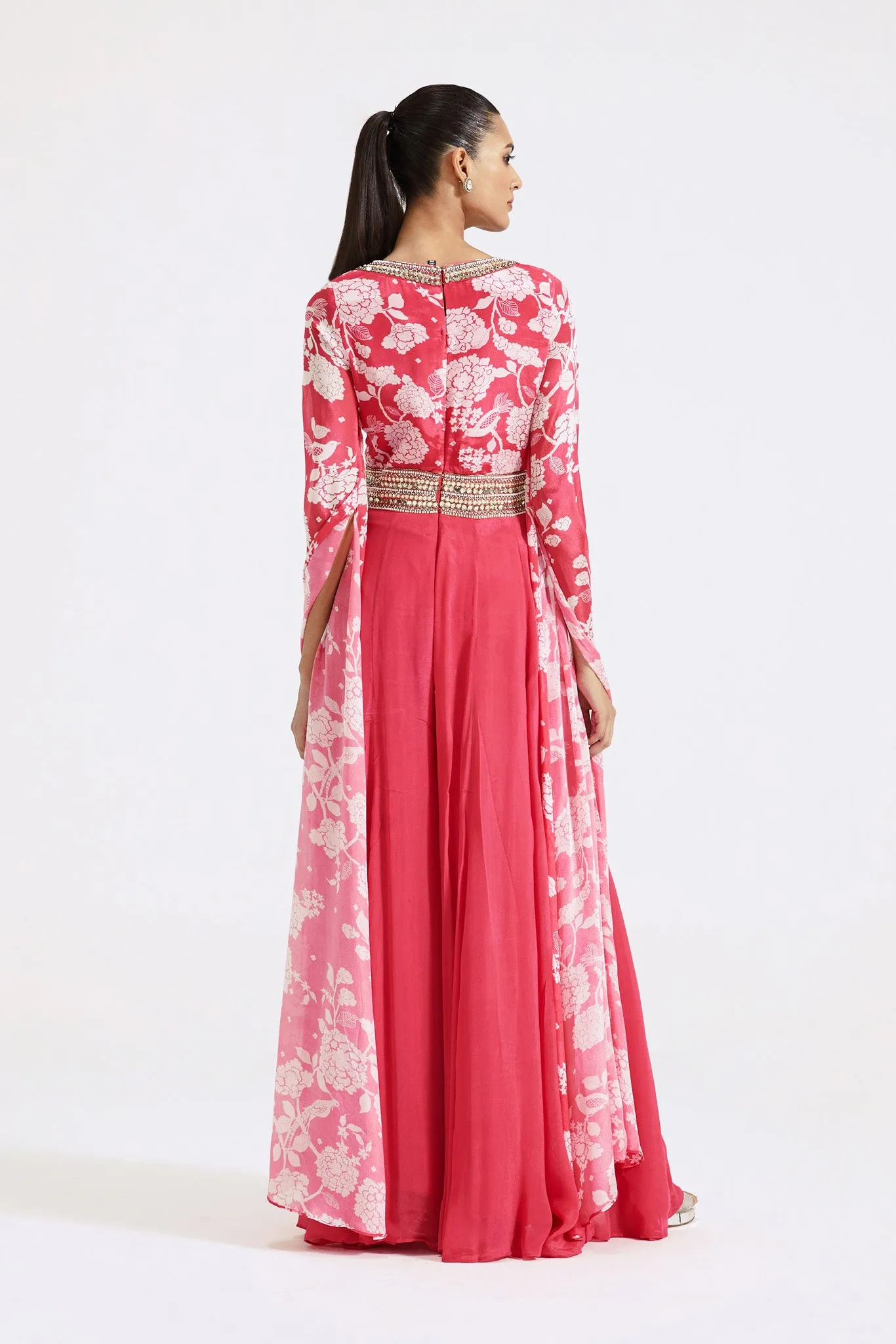 51Z020-RO Pink Printed Chinon Jumpsuit with Cape Sleeves