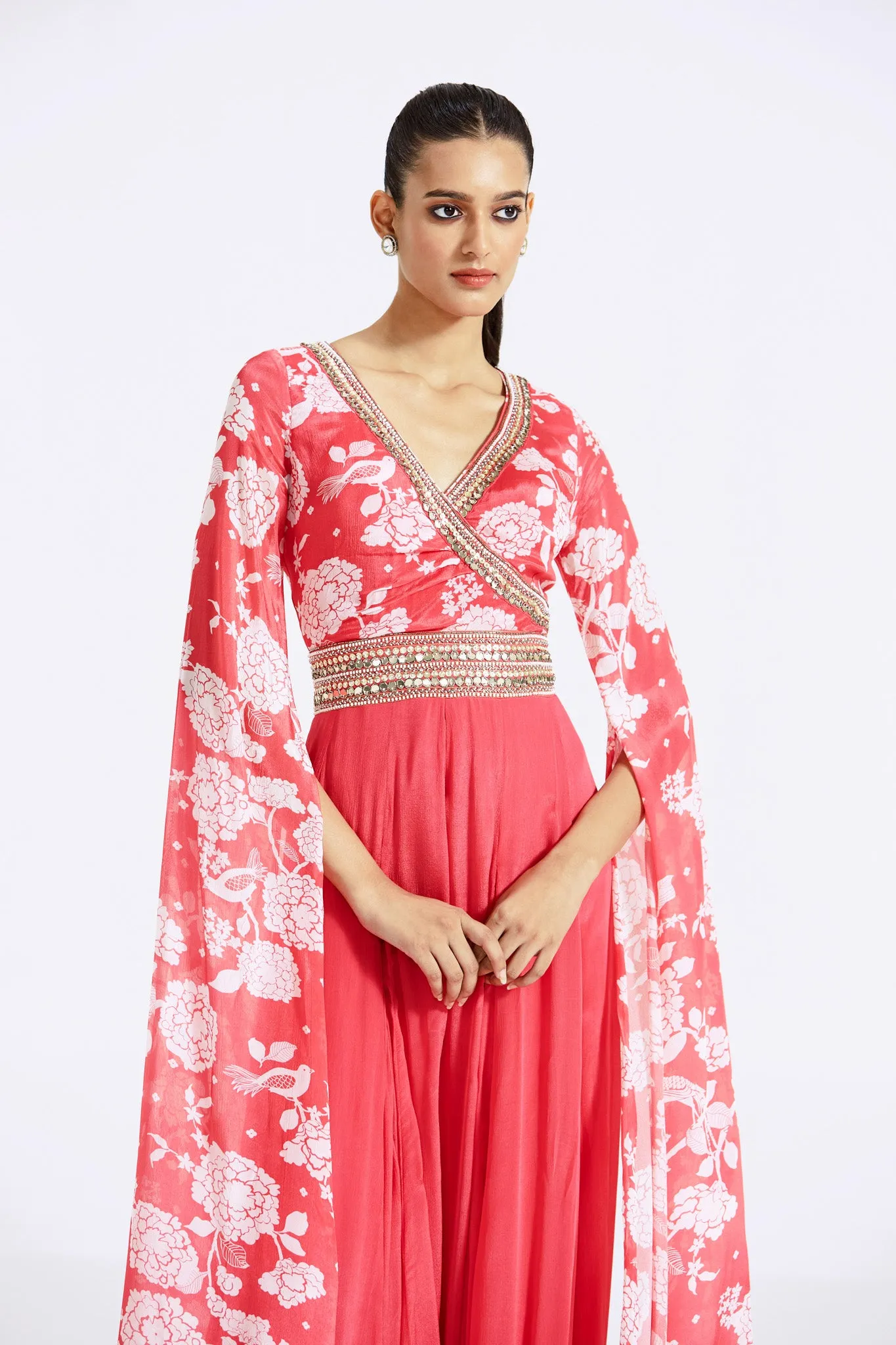 51Z020-RO Pink Printed Chinon Jumpsuit with Cape Sleeves