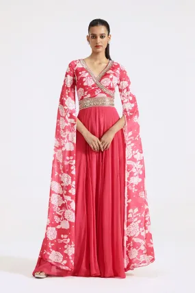 51Z020-RO Pink Printed Chinon Jumpsuit with Cape Sleeves