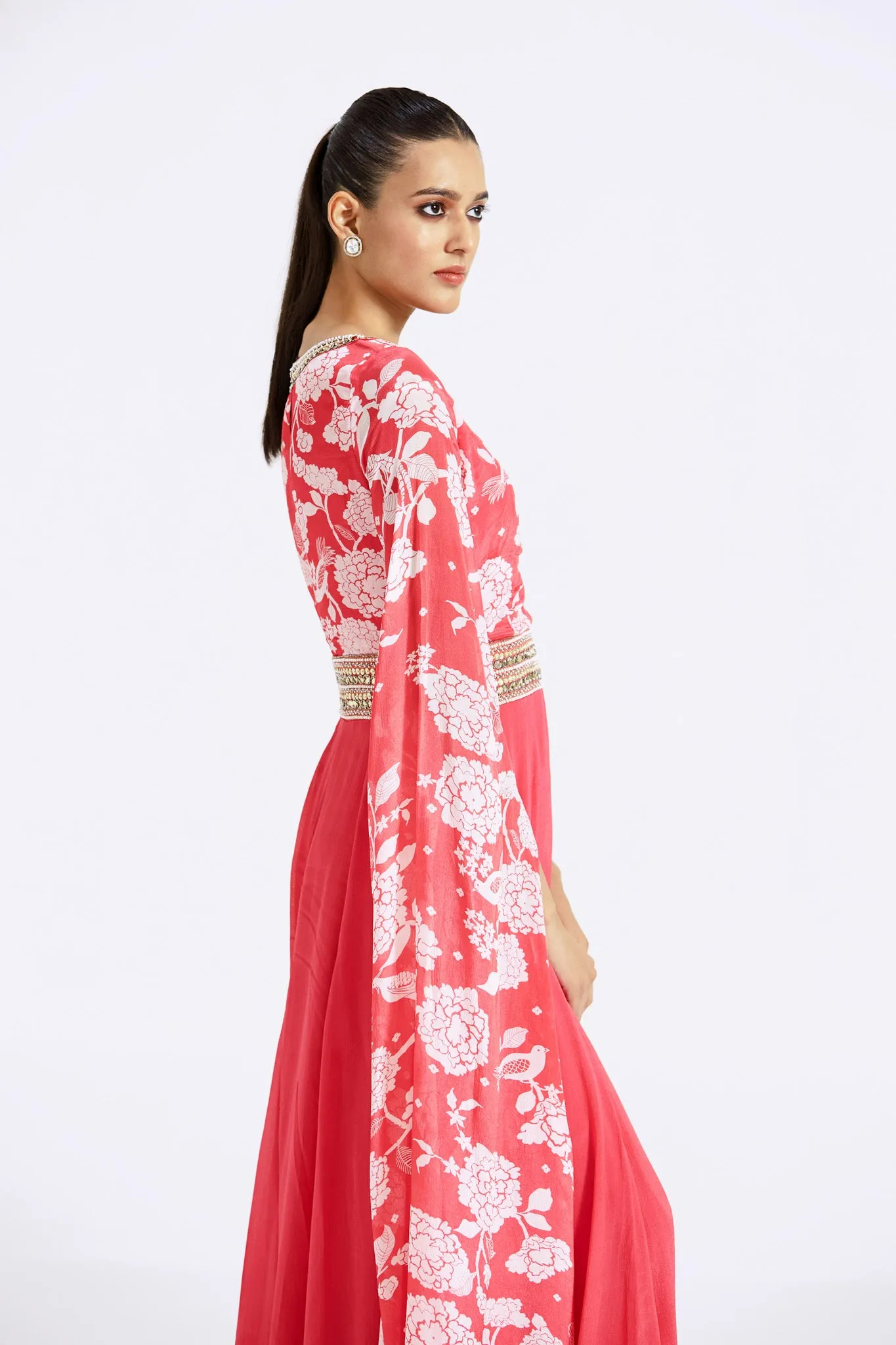 51Z020-RO Pink Printed Chinon Jumpsuit with Cape Sleeves