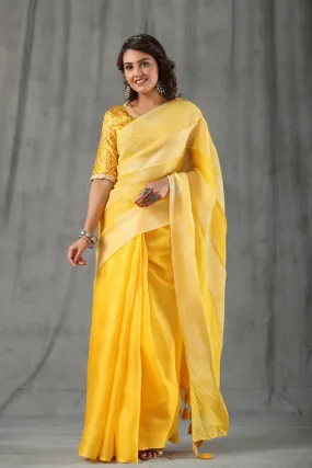 90Z809-RO Yellow Stripes Tussar Silk Saree with Bandhej Blouse