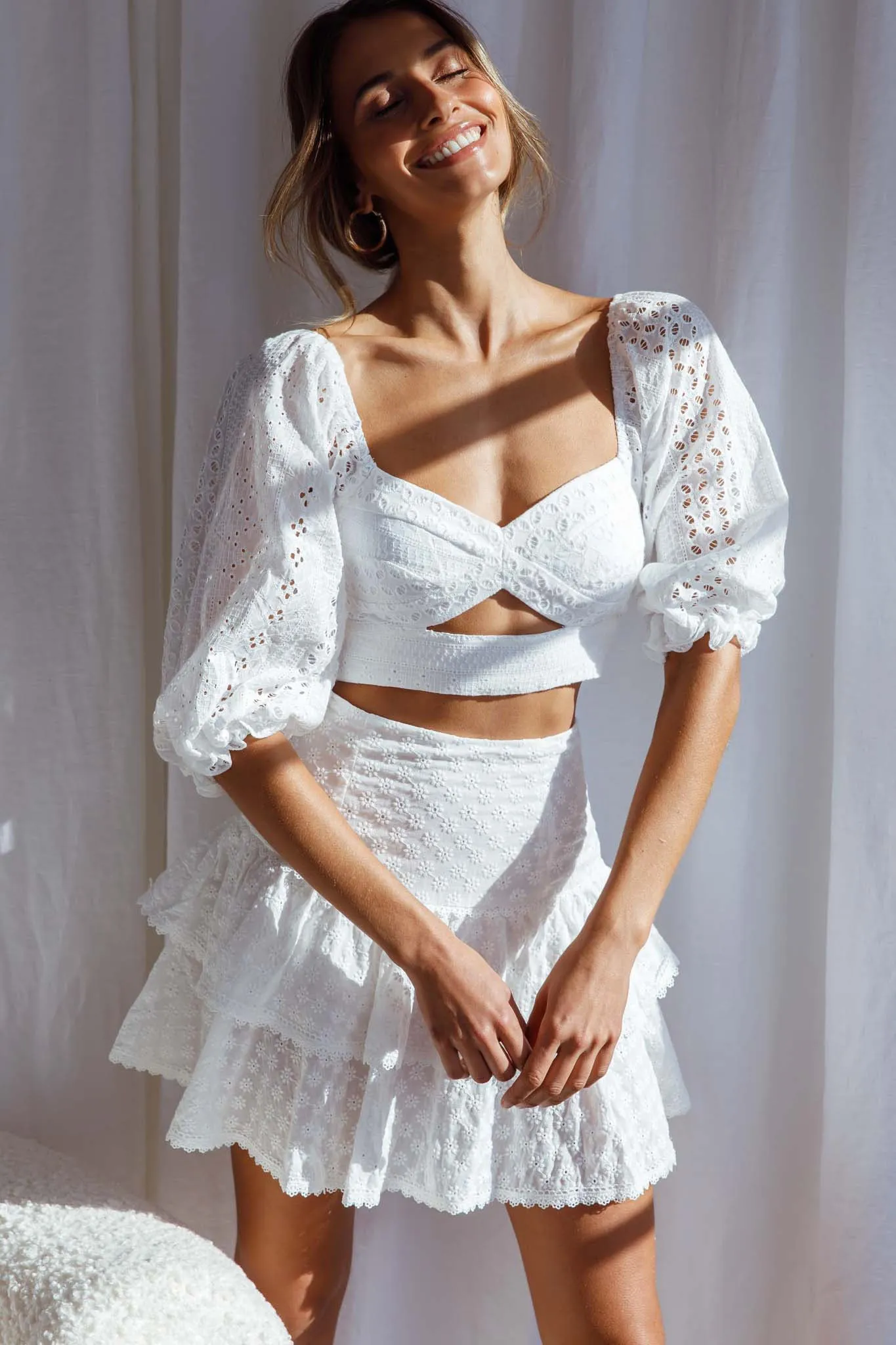 Aisha Puff Sleeve Tie Back Broderie Anglaise Crop Top White