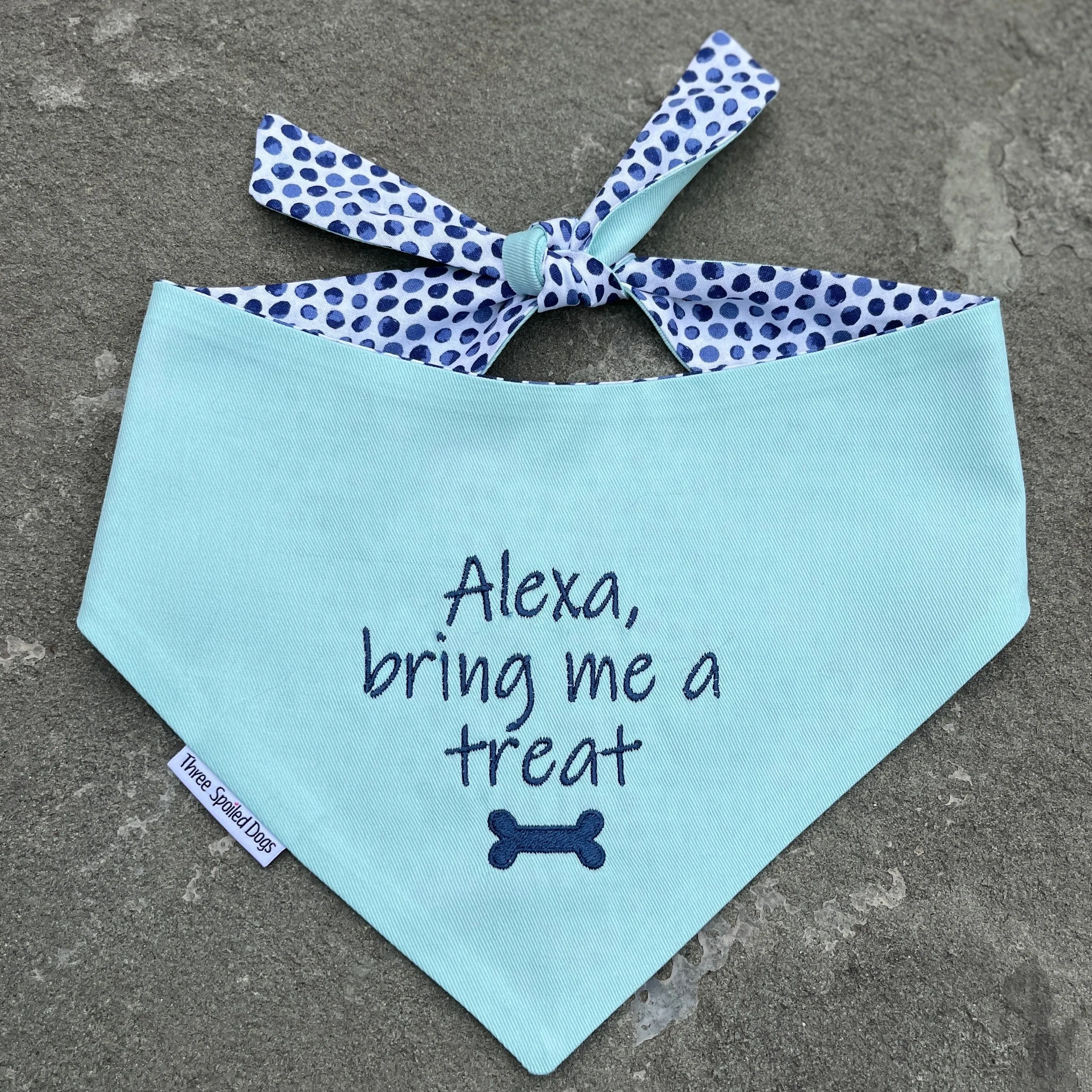 Alexa, Bring Me a Treat  -  Handmade Embroidered Reversible Pet Bandanas in Colored Denim