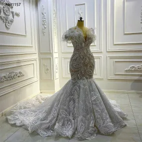 AM1157 Mermaid Champagne Lace Feather luxury Wedding Dress