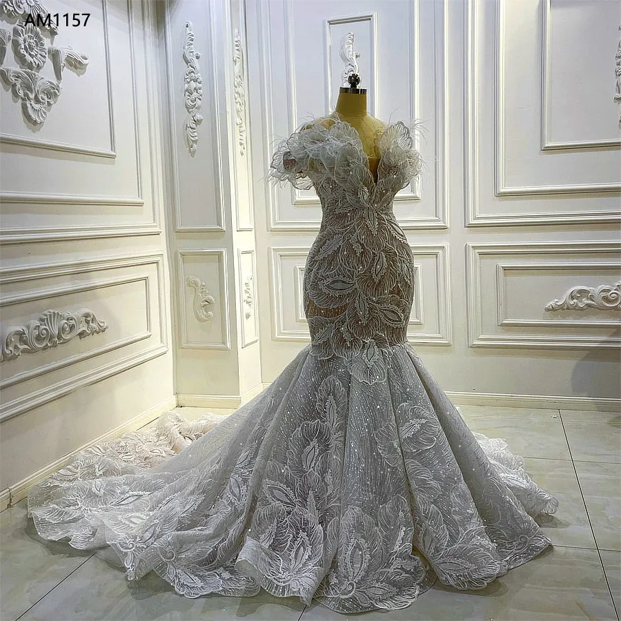 AM1157 Mermaid Champagne Lace Feather luxury Wedding Dress