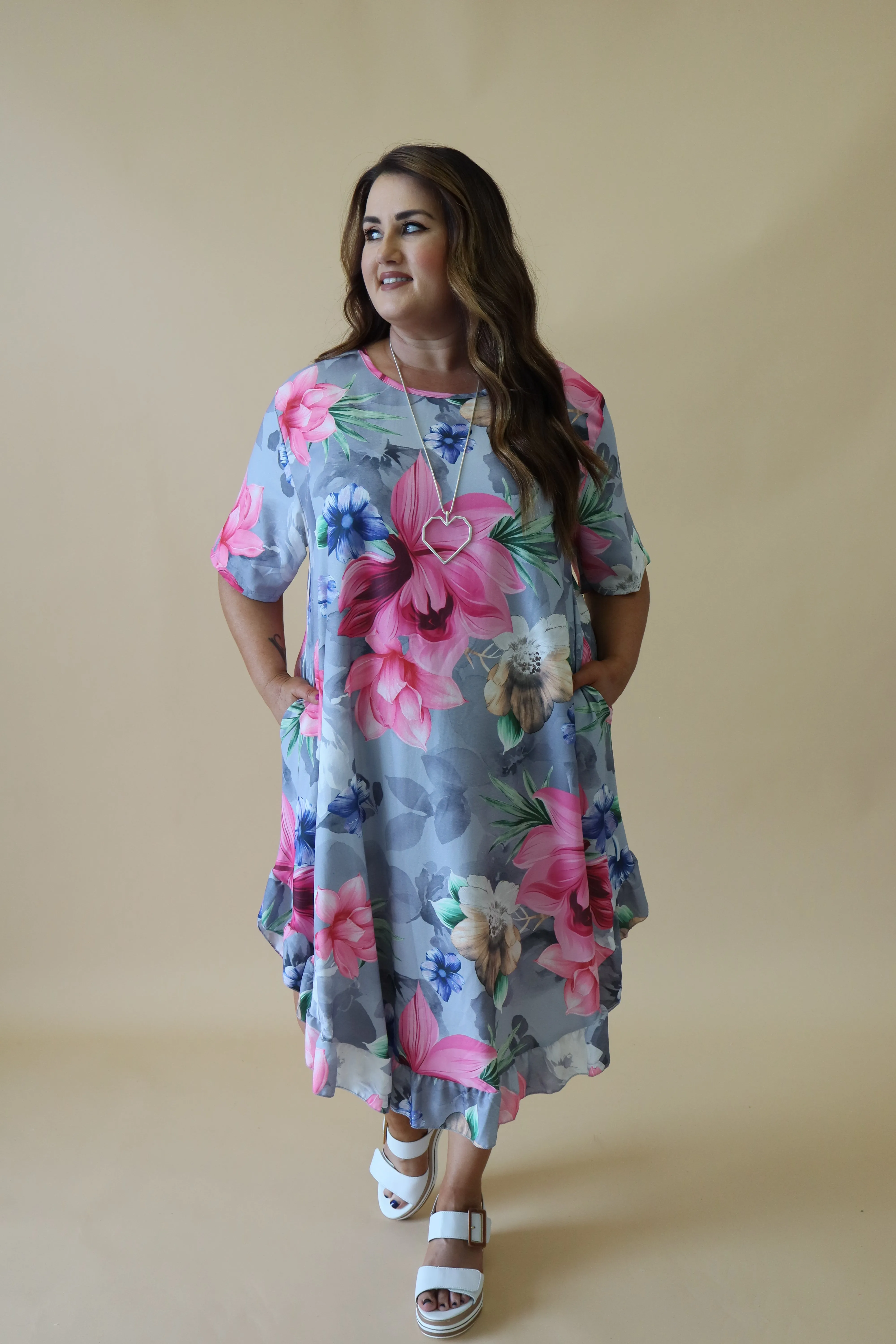 Angie Floral Dress in Grey