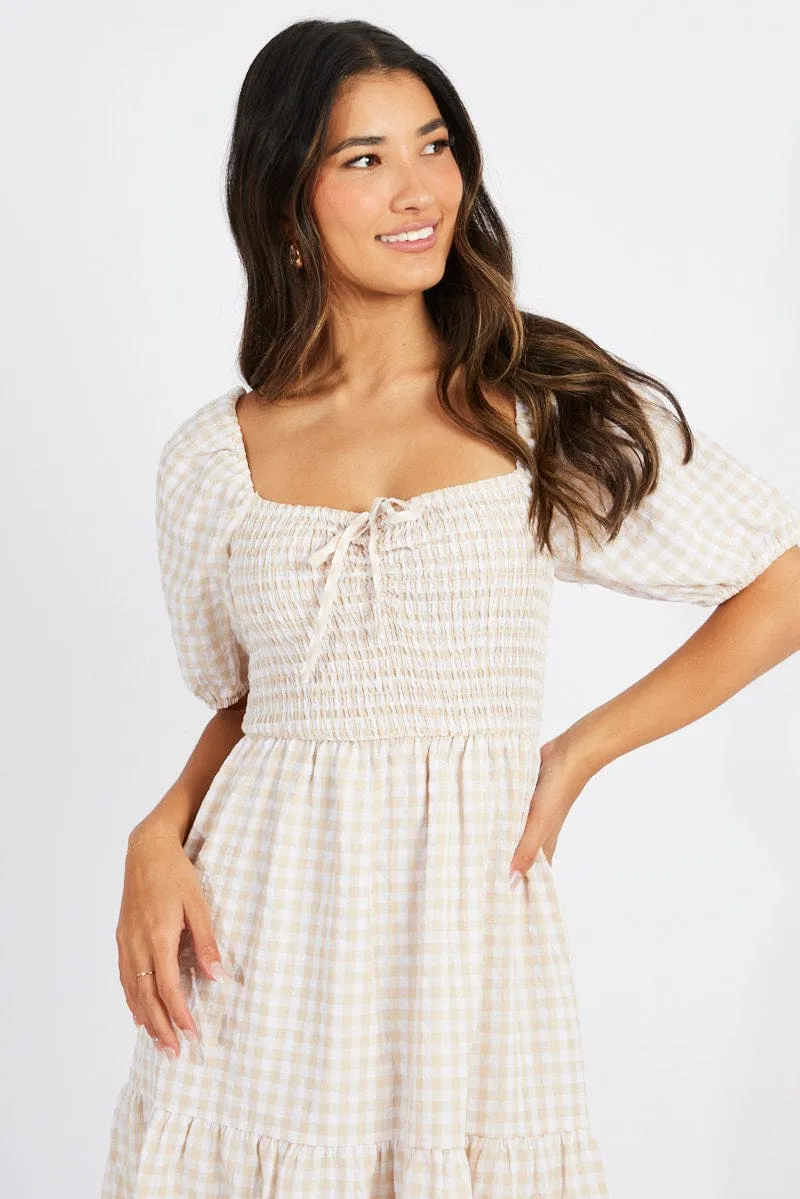 Beige Check Maxi Dress Short Sleeve Shirred