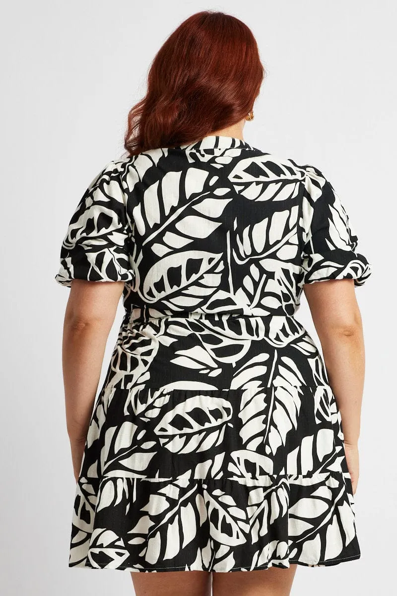 Black Abstract Shirt Dress Short Sleeve Linen Blend