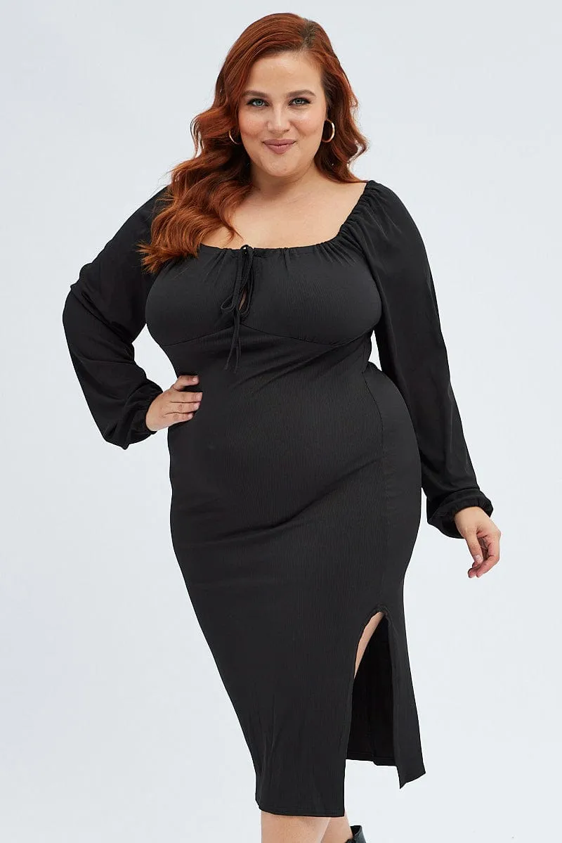 Black Bodycon Dress Rib Jersey Tie Midi Off Shoulder