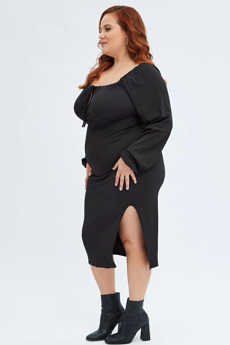 Black Bodycon Dress Rib Jersey Tie Midi Off Shoulder