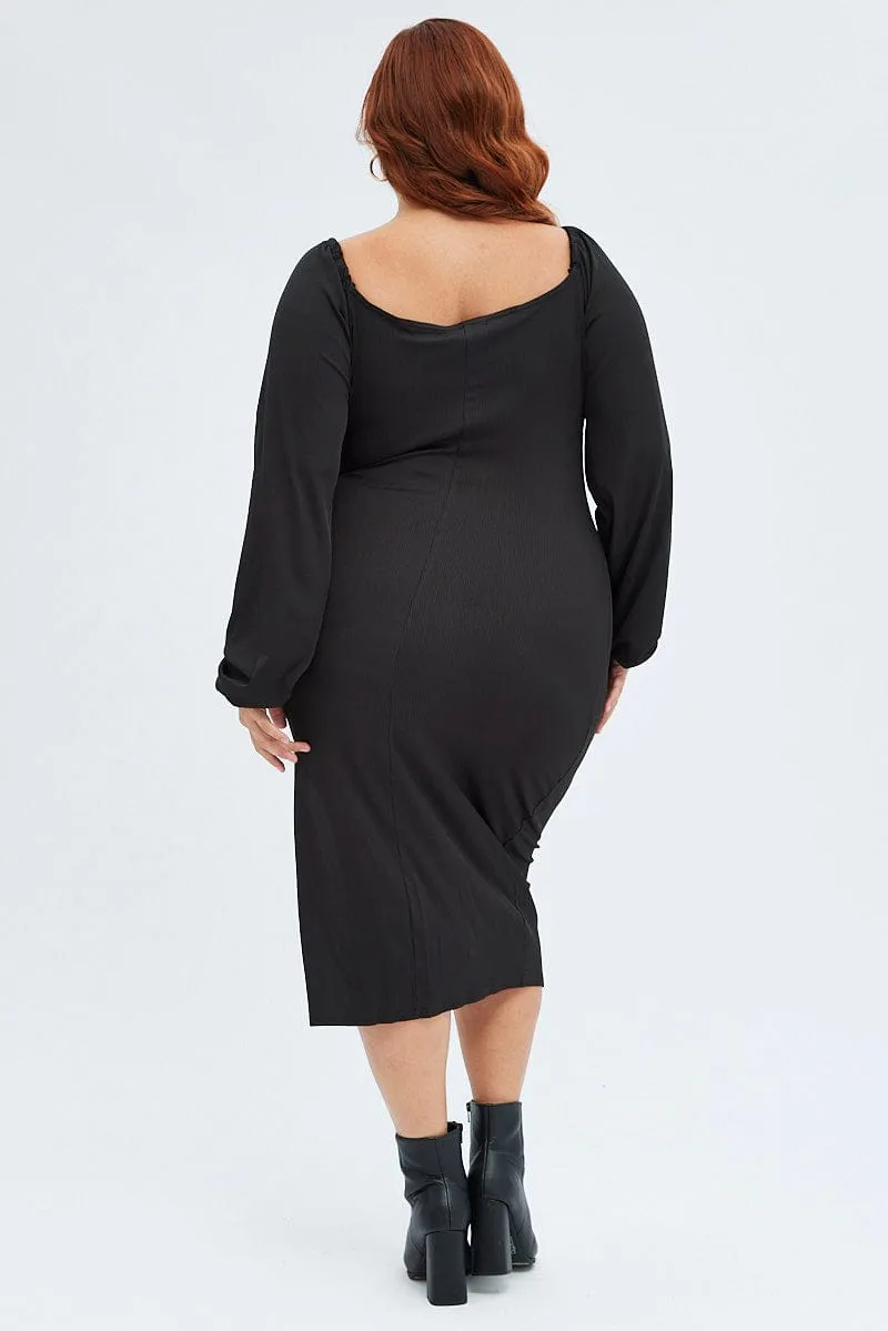 Black Bodycon Dress Rib Jersey Tie Midi Off Shoulder