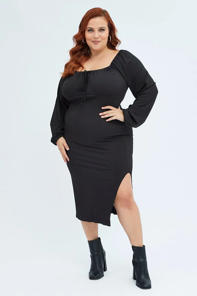 Black Bodycon Dress Rib Jersey Tie Midi Off Shoulder