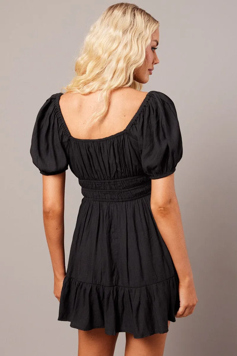 Black Fit And Flare Dress Puff Sleeve Mini