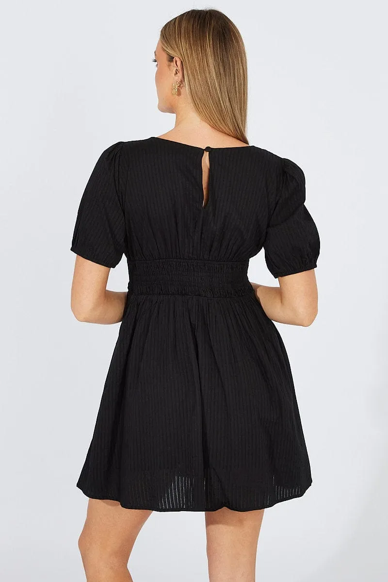 Black Fit And Flare Dress Puff Sleeve