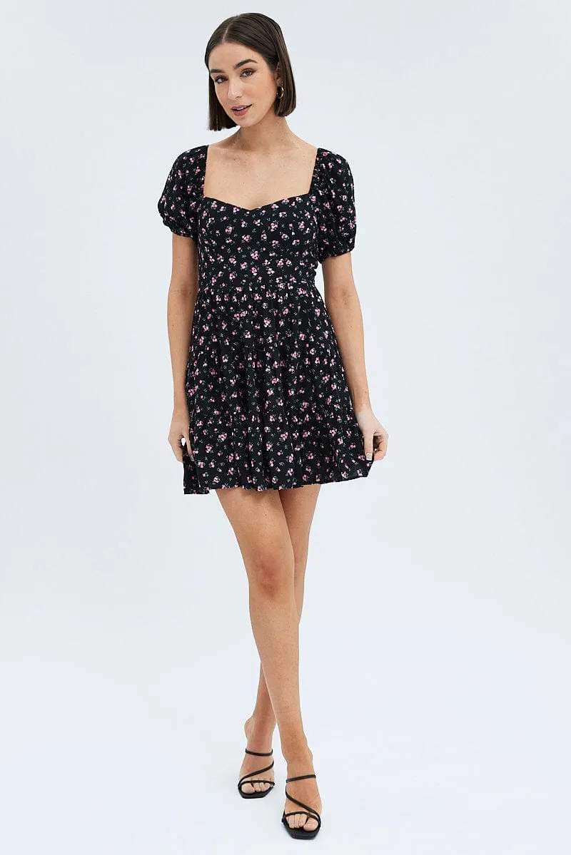 Black Floral Fit And Flare Dress Puff Sleeve Mini